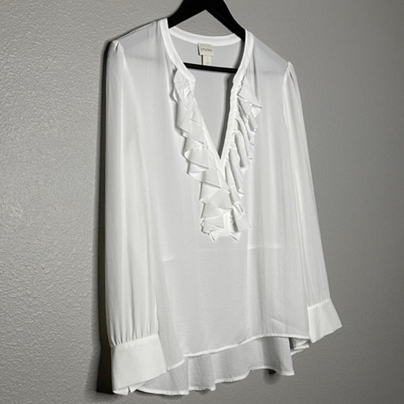Chico's White Sheer Tunic Ruffles Around Neck Size 1 Or US M/8 - Picture 1 of 10